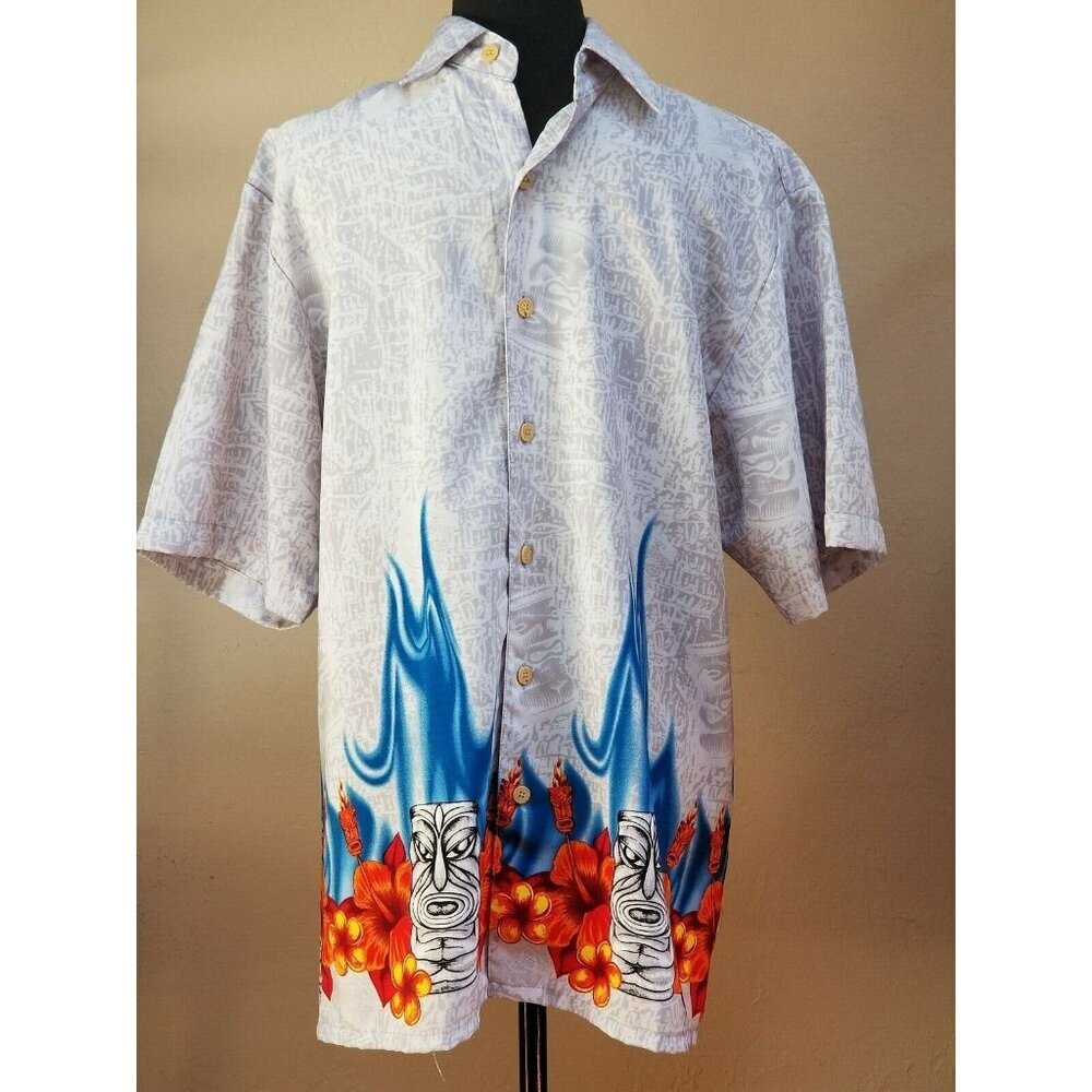 SIDEOUT Men's Button Up Short Sleeve Hawaiian Shirt Small Floral Flames Gray